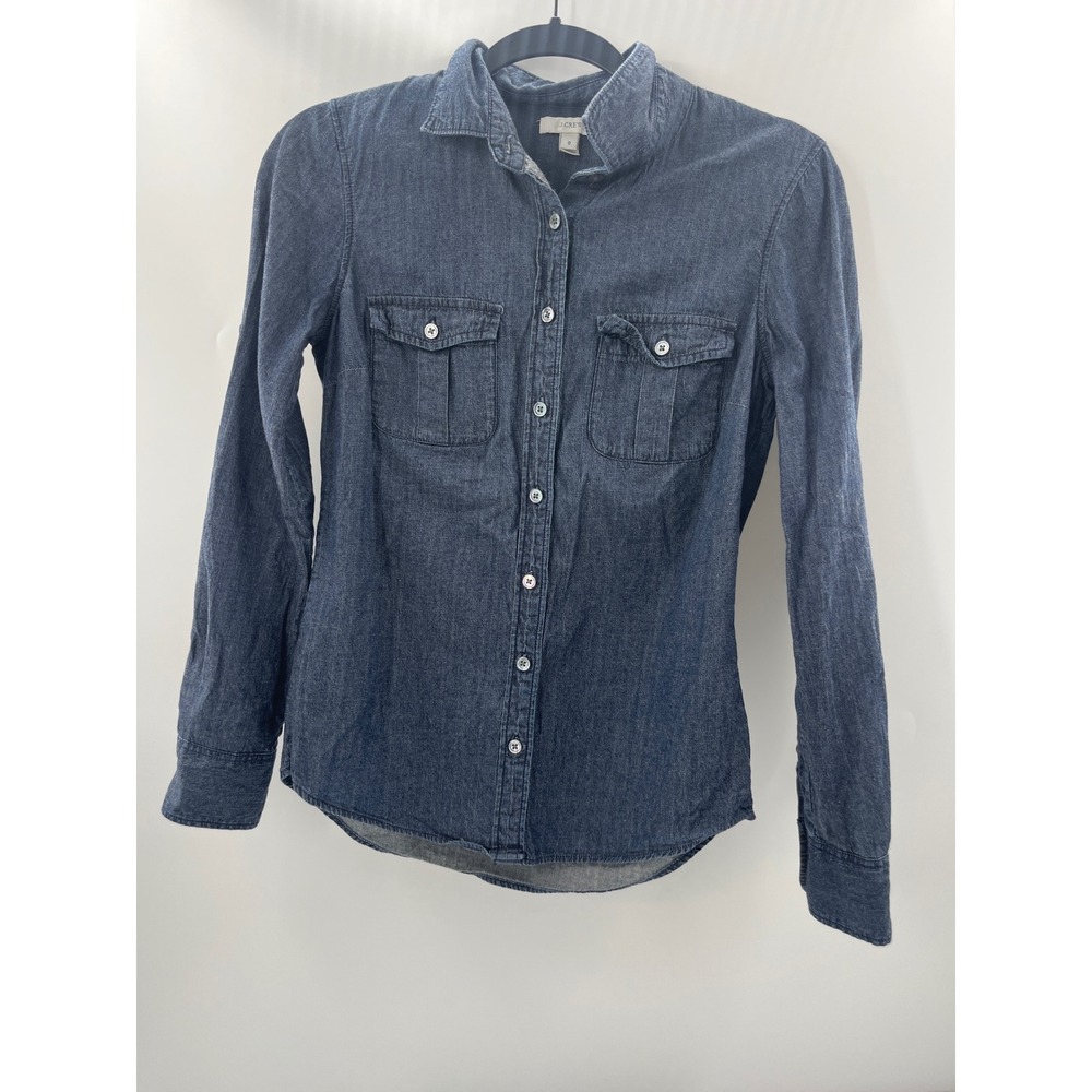 J.Crew Womens Dark Wash Denim Button Down Shirt Long Sleeve Indigo Size 0